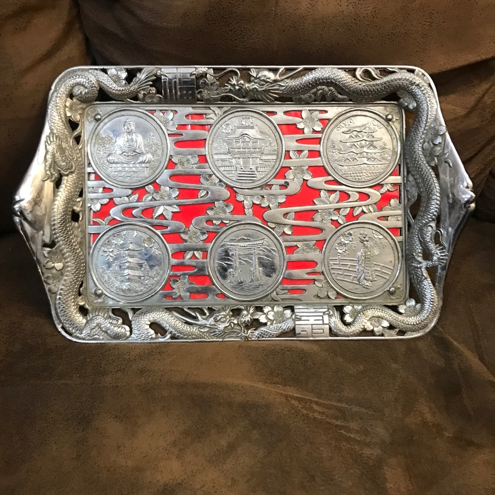 Asian dragon tray silver tone red geisha pagoda